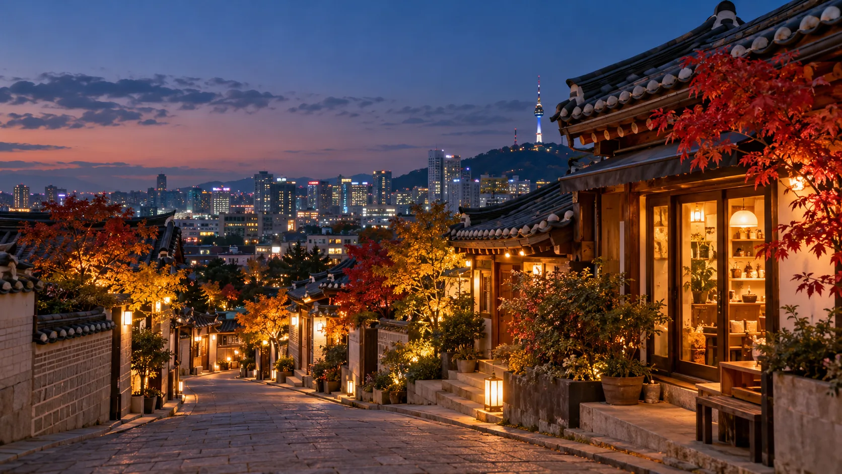首尔秋夜,韩屋街道和远处的南山塔